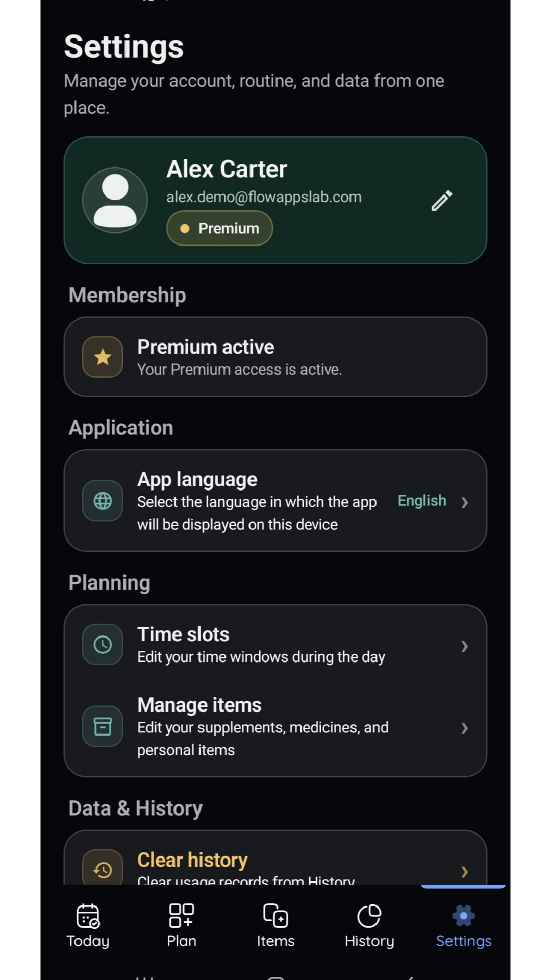 VitaFlow settings screen
