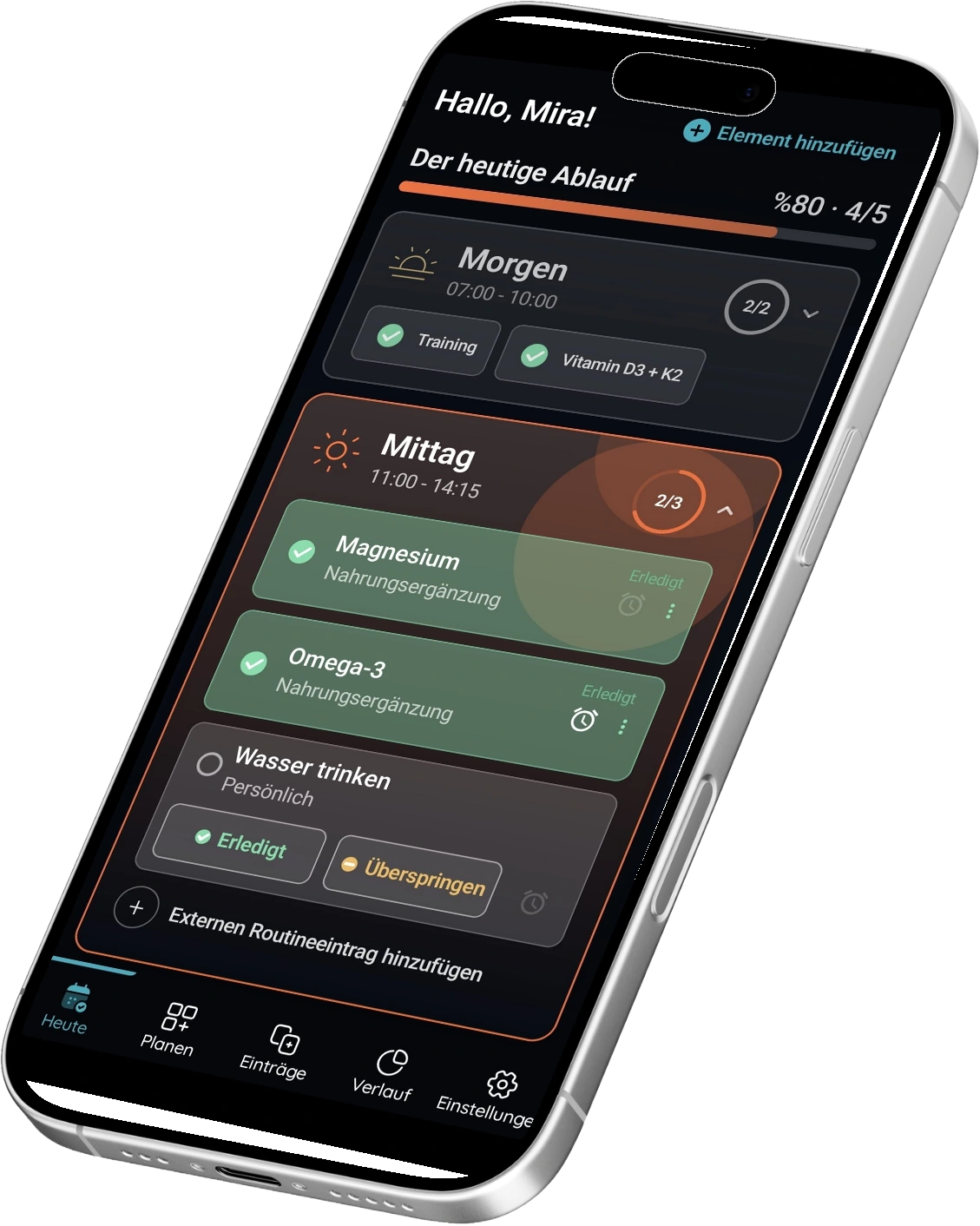 Ansicht des heutigen VitaFlow-Ablaufs in einem perspektivisch dargestellten Telefon