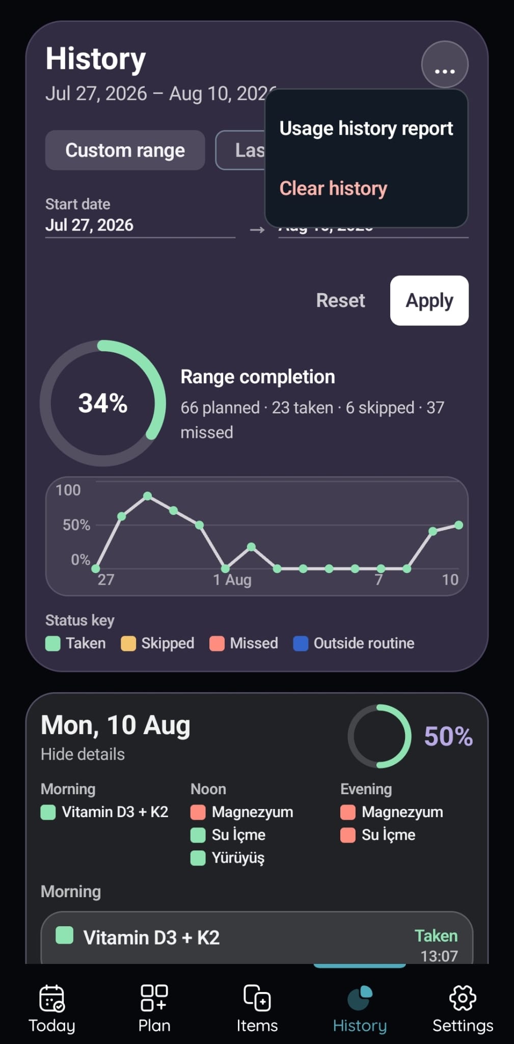 VitaFlow filtered history and report screen