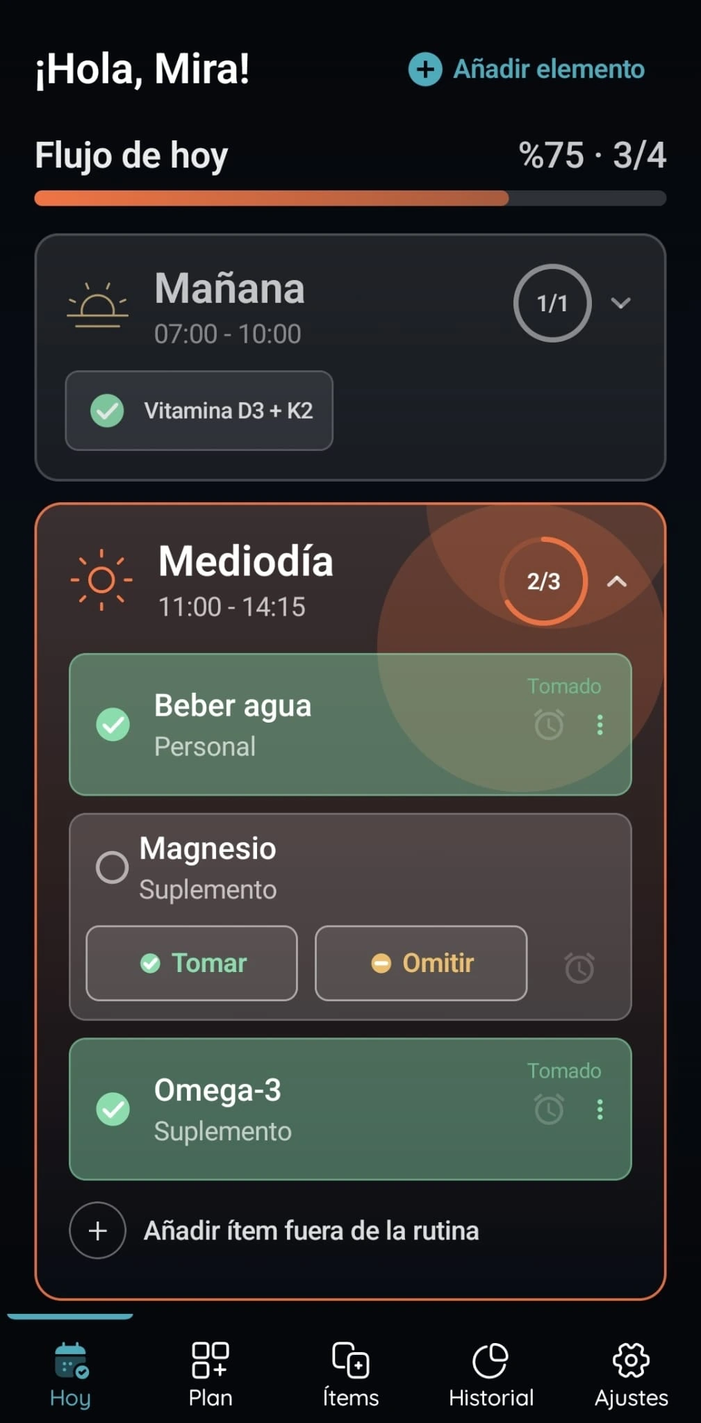 Pantalla del Flujo de hoy de VitaFlow