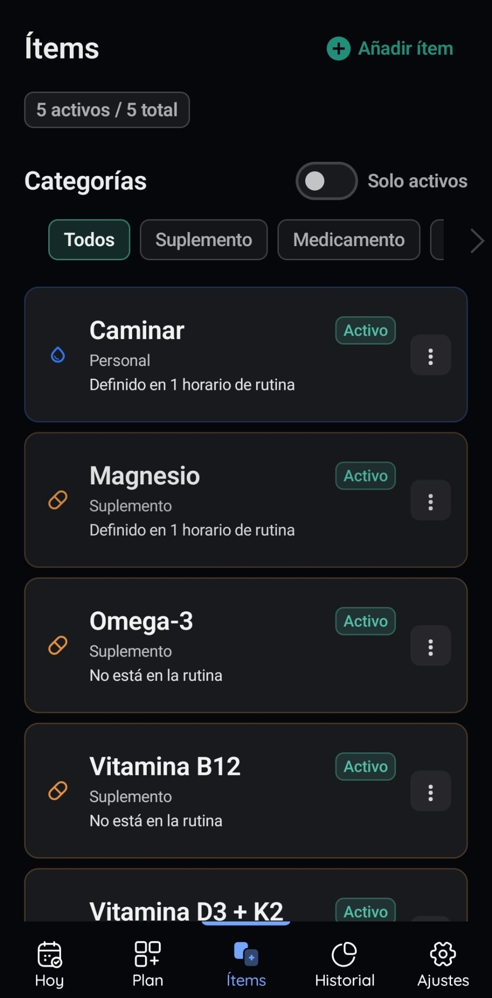 Pantalla de gestión de elementos de VitaFlow