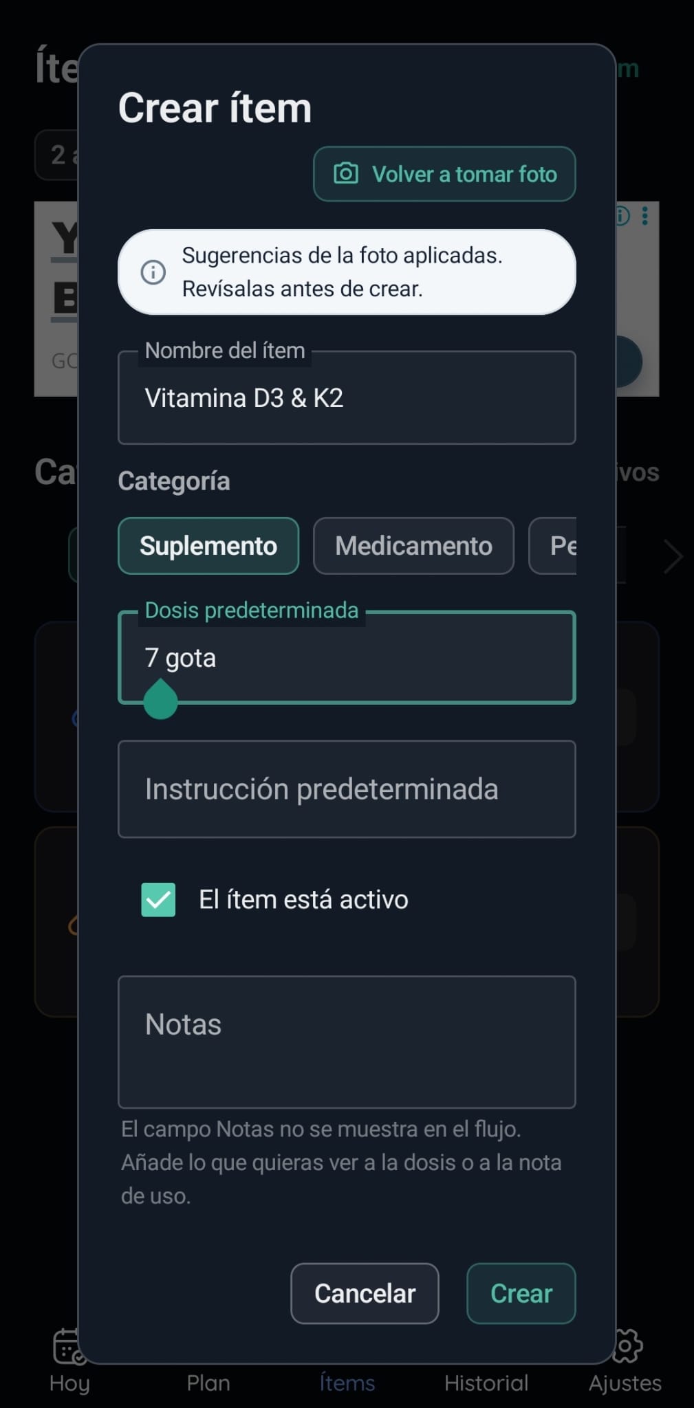 Pantalla de revisión de creación desde foto de VitaFlow