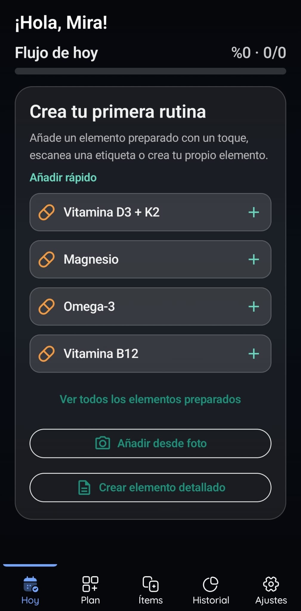 Pantalla de Inicio Rápido de VitaFlow