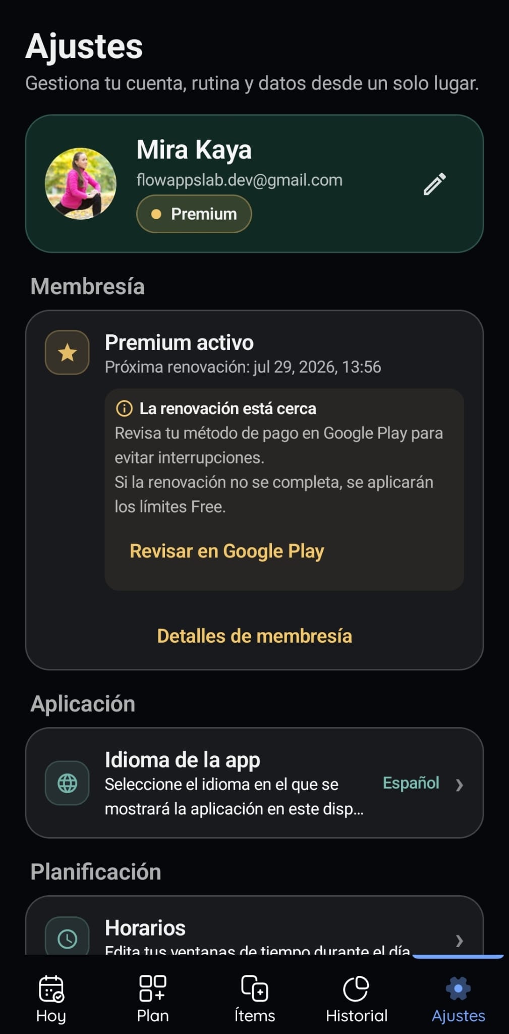Pantalla de cuenta y preferencias de VitaFlow