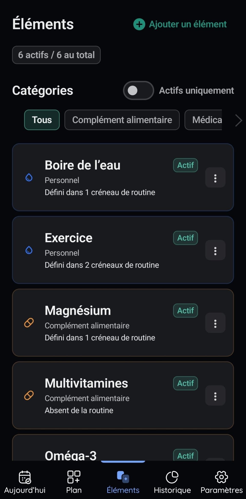 Écran de gestion des éléments de VitaFlow