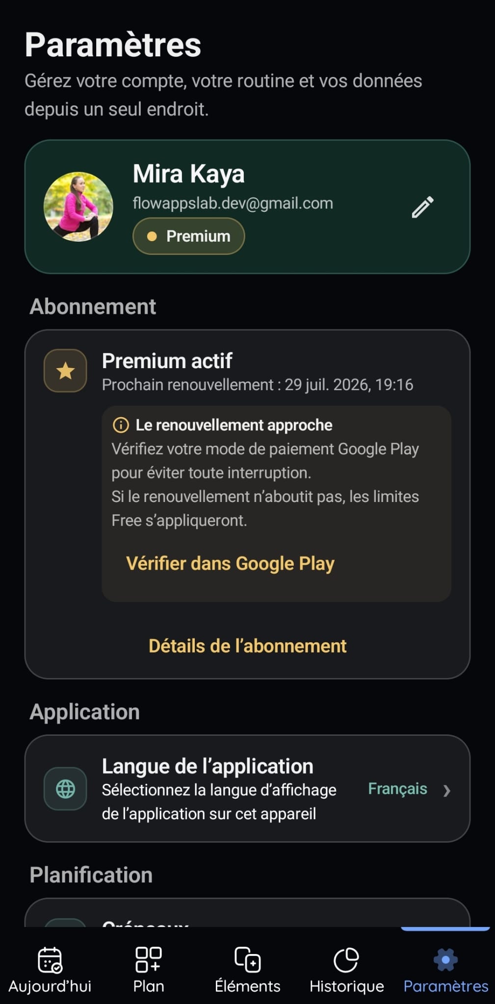 Écran du compte et des préférences de VitaFlow
