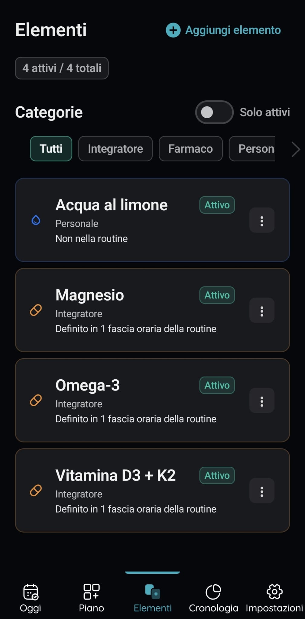 Schermata di gestione degli elementi di VitaFlow