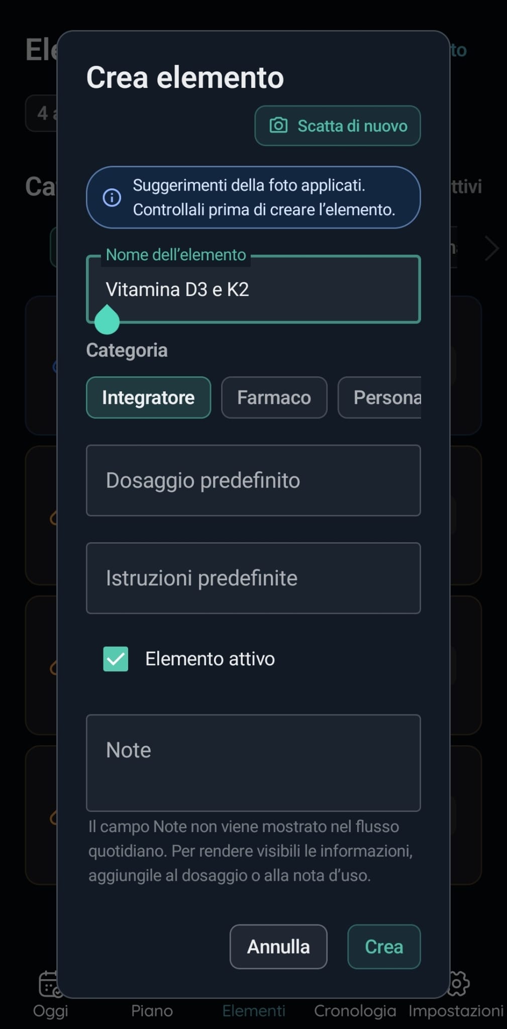 Schermata di verifica dei dettagli di un elemento creato da foto in VitaFlow