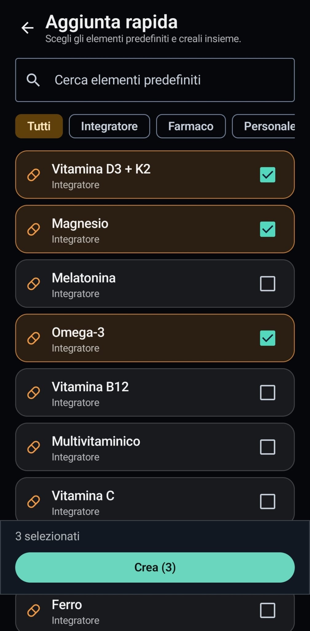 Schermata di aggiunta rapida di più elementi in VitaFlow