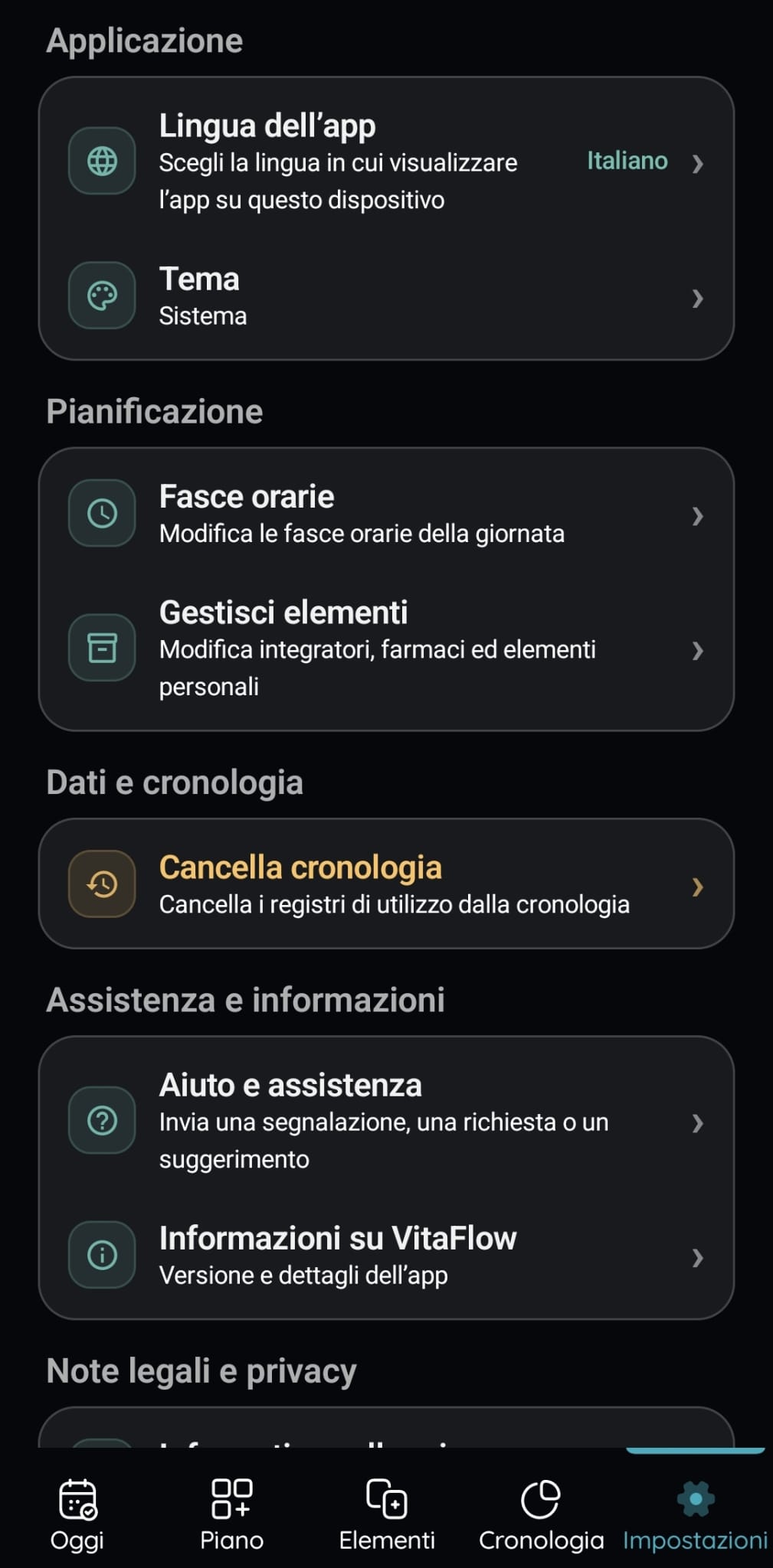Schermata dell'account e delle preferenze di VitaFlow