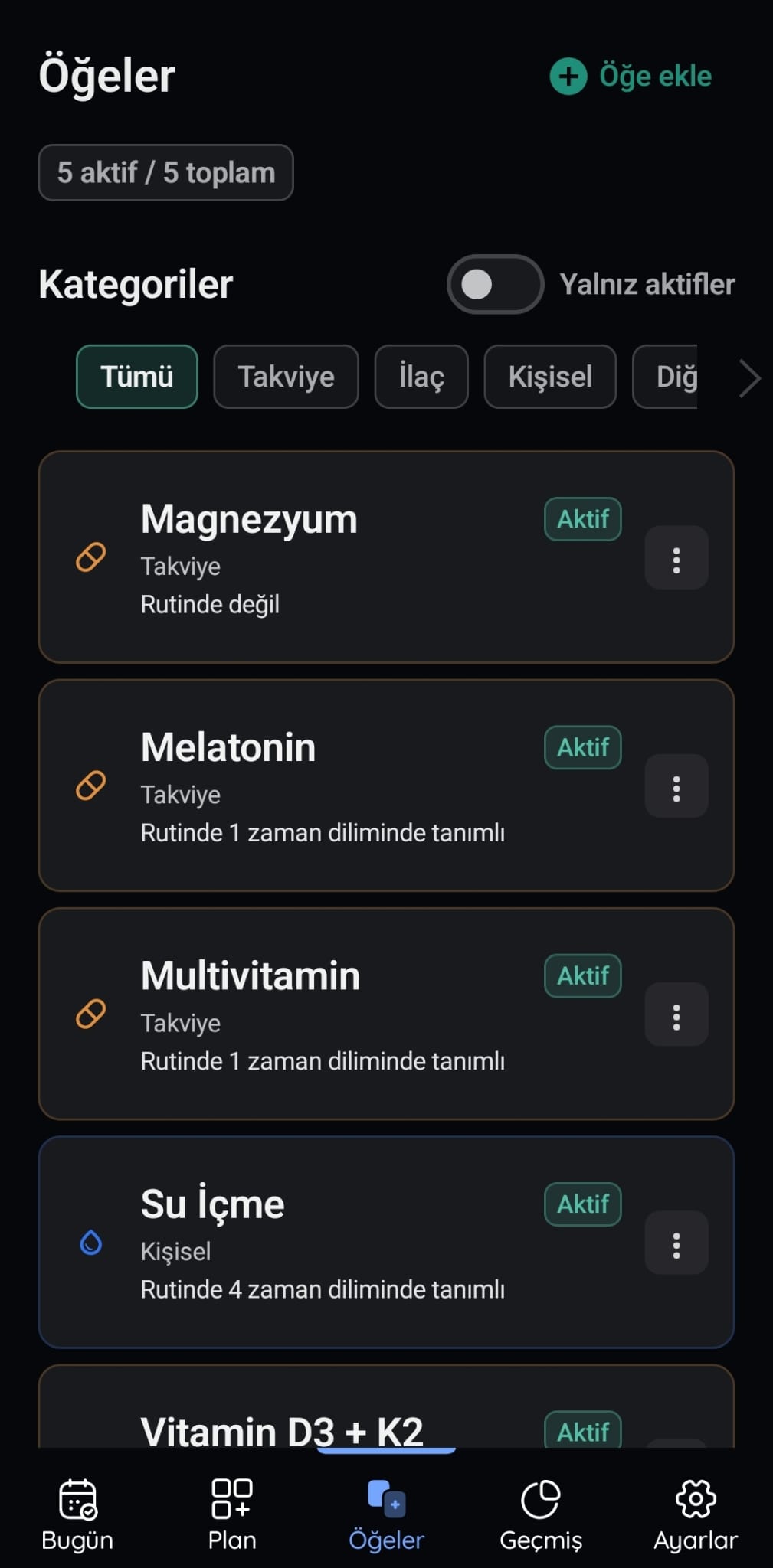 VitaFlow öğe yönetimi ekranı