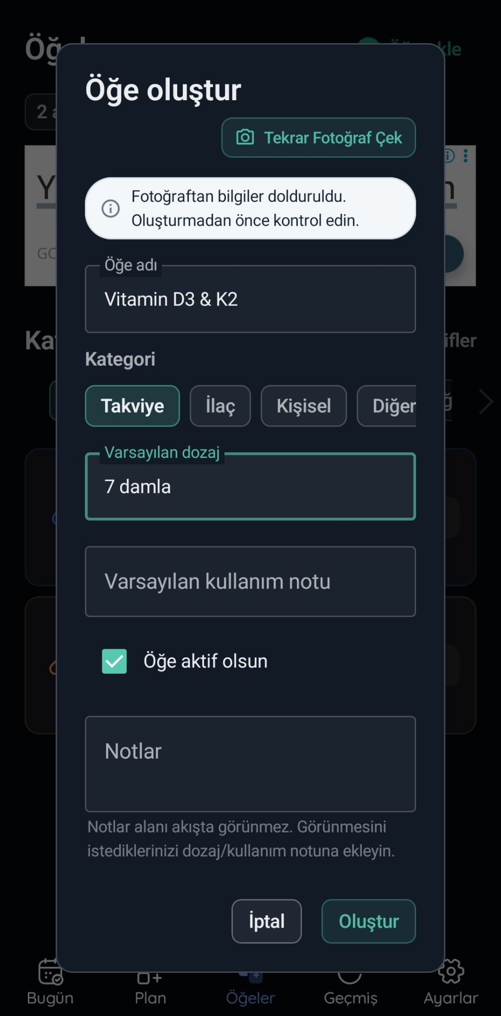 VitaFlow fotoğrafla öğe oluşturma inceleme ekranı