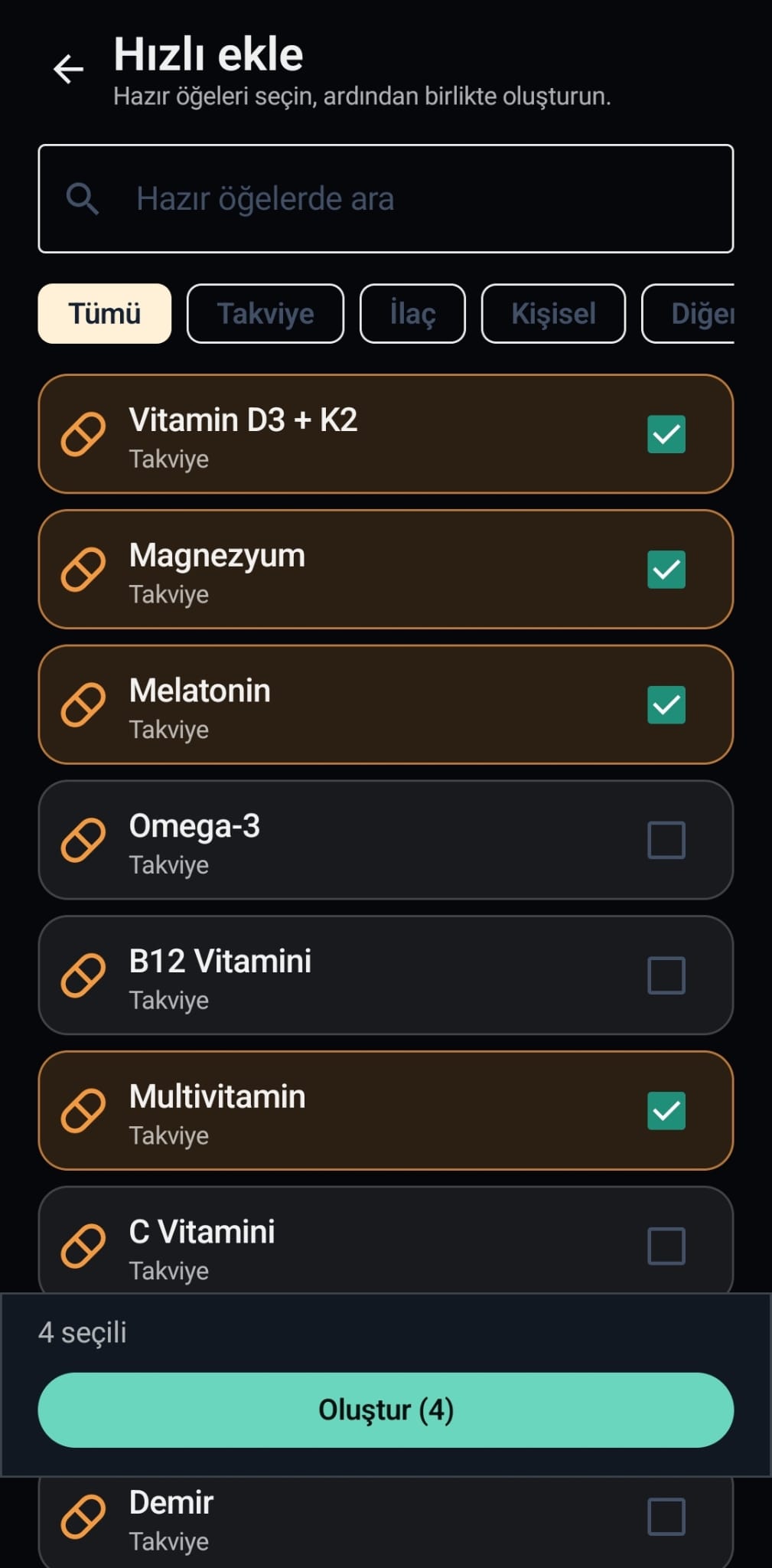 VitaFlow çoklu Hızlı Ekleme ekranı