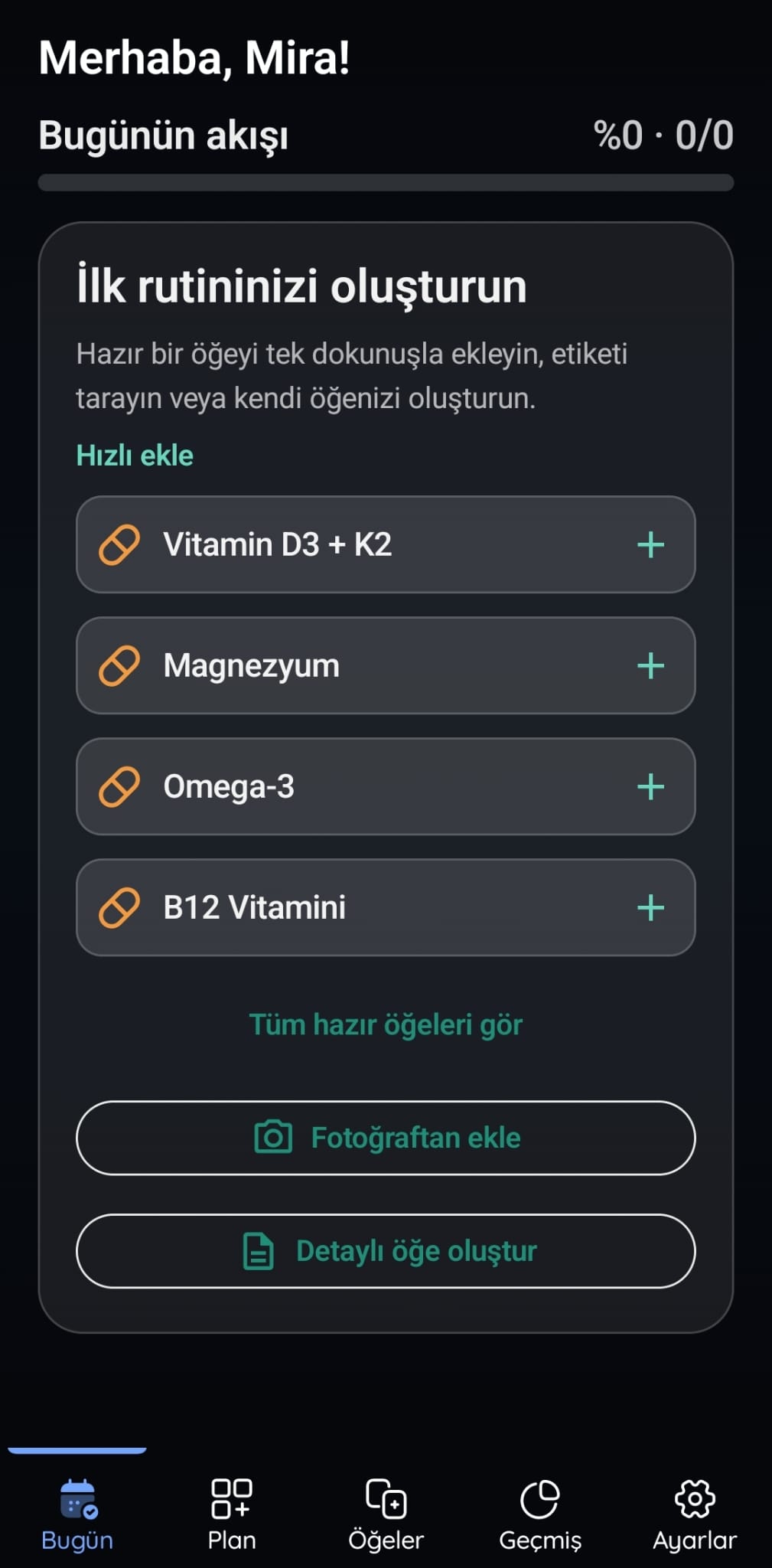 VitaFlow Hızlı Başlangıç ekranı